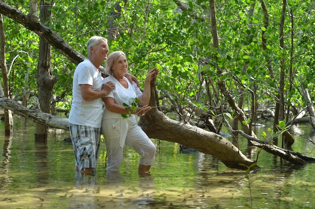 Feliz casal de idosos descansando no resort tropical