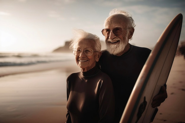 Feliz casal de idosos na praia tentando surfar e se divertir juntos IA generativa