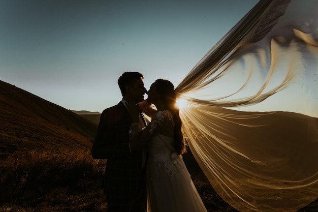 Feliz casal de noivos está andando nas montanhas