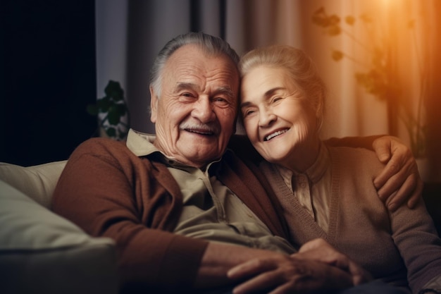Feliz casal escandinavo maduro sentado no sofá em casa sorrindo alegremente Generative AI AIG20