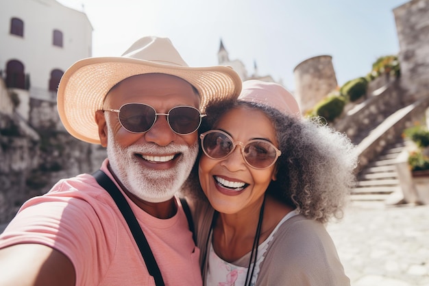 Feliz casal inter-racial de aposentados em viagens de férias de verão