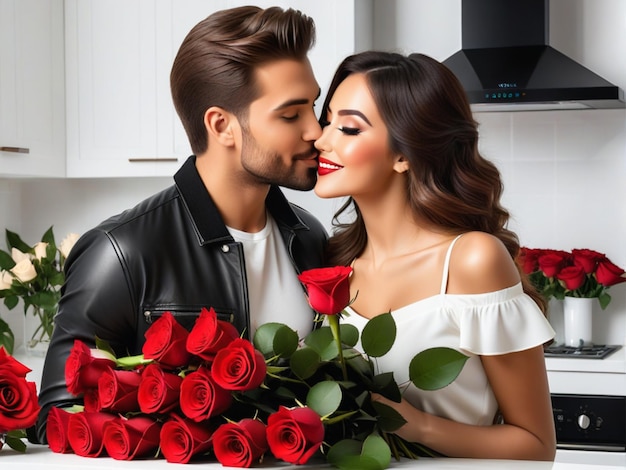 Feliz casal rosas vermelhas e beijo para aniversário surpresa ou dia de São Valentim na cozinha em casa Fac