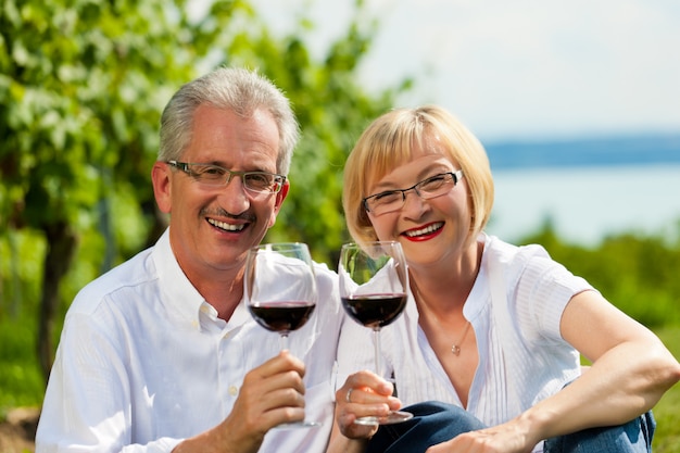 Feliz casal sênior bebendo vinho ao ar livre