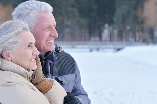 Feliz casal sênior no inverno ao ar livre