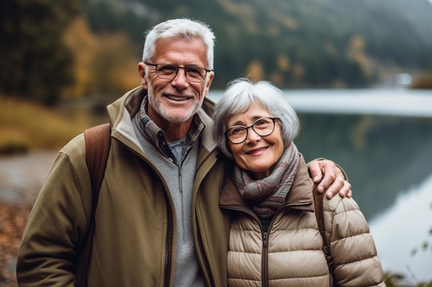 Feliz casal sênior sorrindo ao ar livre à beira do lago