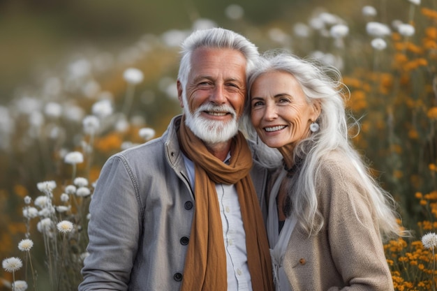 Feliz casal sênior sorrindo ao ar livre na natureza