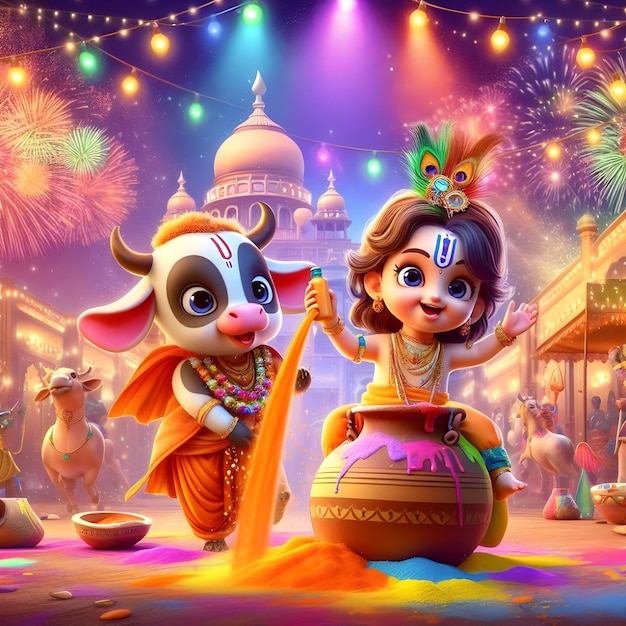 Feliz celebração de Holi com a pequena Radha Krishna