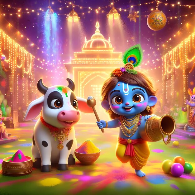 Feliz celebração de Holi com a pequena Radha Krishna