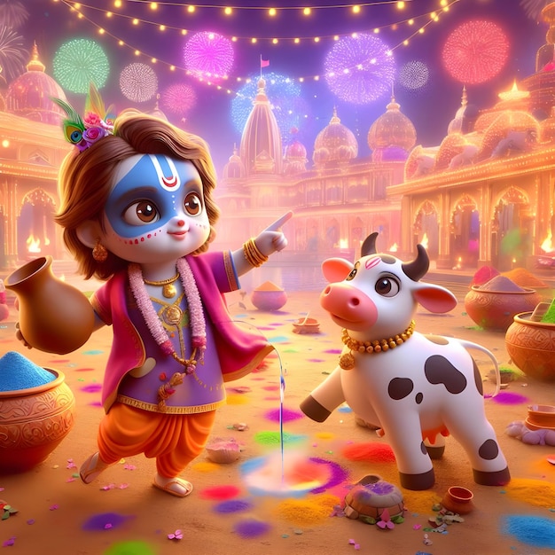 Feliz celebração de Holi com a pequena Radha Krishna
