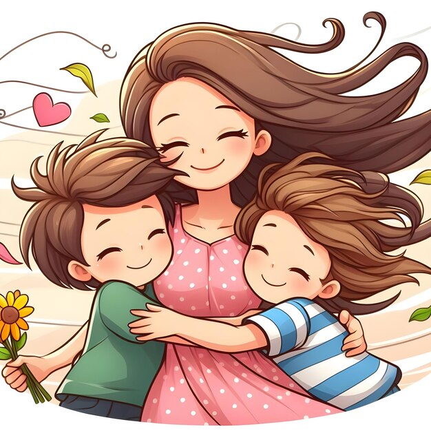 Feliz celebração do Dia das Mães com uma alegre família de desenhos animados ao ar livre