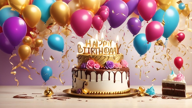 Feliz celebración de cumpleaños con globos de colores diseño de fondo papel tapiz generado por IA