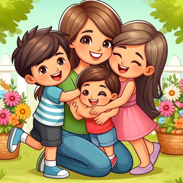 Feliz celebración del Día de la Madre con una alegre familia de dibujos animados al aire libre
