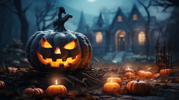 Feliz celebración de Halloween calabaza y castillo oscuro con cementerio Luna llena noche espeluznante mysteriou