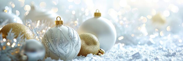 Feliz celebración de invierno Ornamentos y bolos de Navidad festivos blancos y dorados