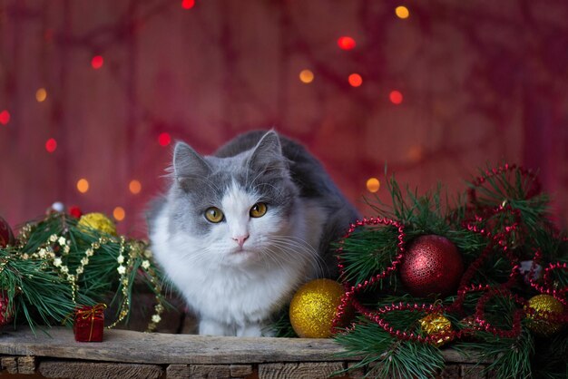 Feliz celebración con juguetes y guirnaldas de Navidad Gato y regalos de Navidad Hermoso fondo de Navidad