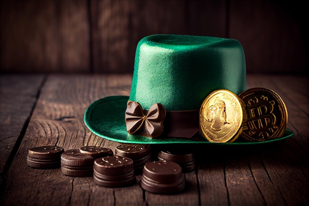 Feliz chapéu de duende do Dia de São Patrício com moedas de chocolate douradas sobre fundo de madeira verde estilo vintage AI gerado