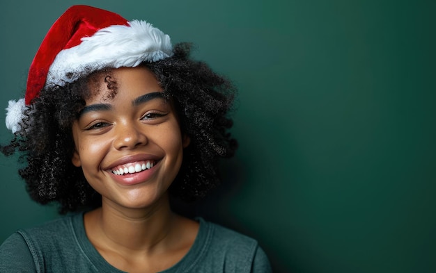 Feliz chica afroamericana con sombrero de Papá Noel en el fondo de Navidad