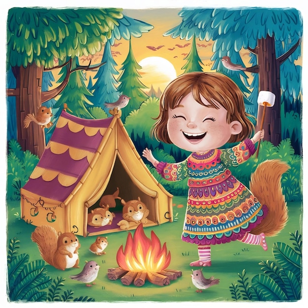 Feliz chica de campamento en el bosque sonriendo