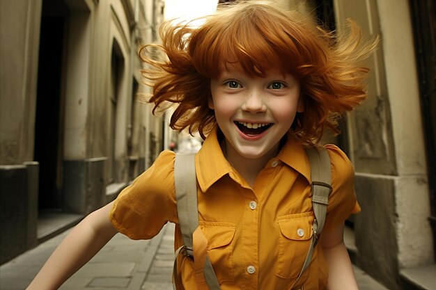 Feliz chica pelirroja con camisa naranja y tirantes posa alegremente en la calle de la ciudad