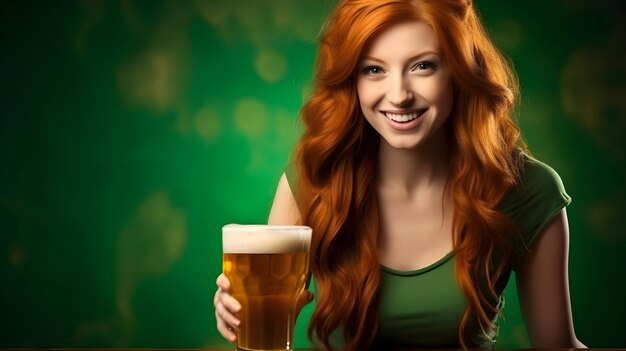 Feliz chica roja irlandesa celebrando el día de San Patricio bebiendo cerveza