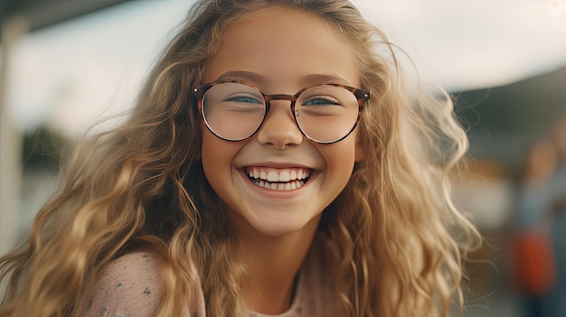 Feliz chica satisfecha con gafas retrato fuera de Generative Ai