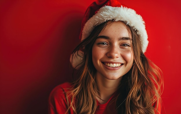 feliz chica sonriente con sombrero de Papá Noel en el fondo de Navidad