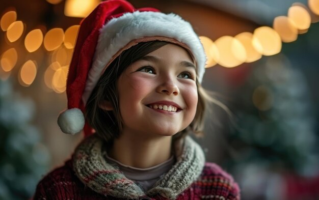 feliz chica sonriente con sombrero de Papá Noel en el fondo de Navidad