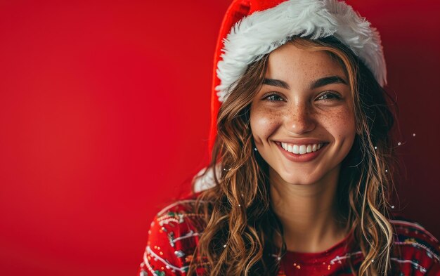 feliz chica sonriente con sombrero de Papá Noel en el fondo de Navidad