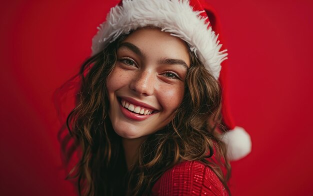 feliz chica sonriente con sombrero de Papá Noel en el fondo de Navidad