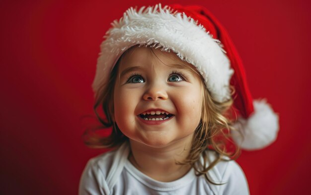 feliz chica sonriente con sombrero de Papá Noel en el fondo de Navidad