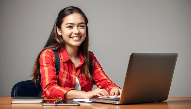 Feliz chica universitaria sonriente estudiando en una computadora portátil aislada con luces blancas