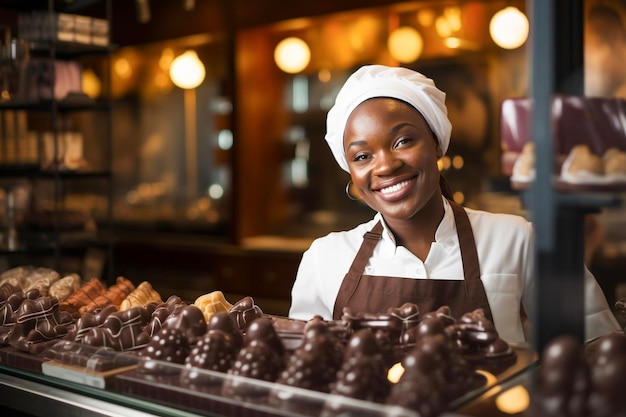 Feliz chocolatero con sombrero de chef parado cerca de sabrosos dulces de chocolate Mujer joven con uniforme de chef