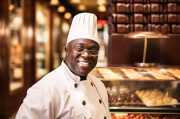 Feliz chocolatero con sombrero de chef parado cerca de sabrosos dulces de chocolate