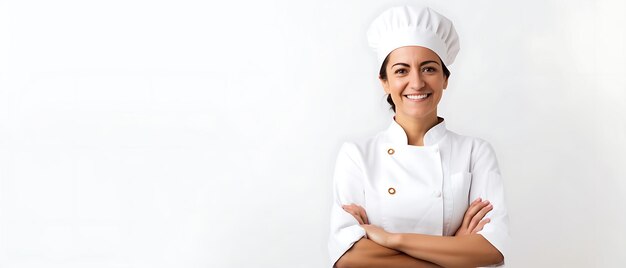Foto feliz cocinera vistiendo uniforme y gorra de fondo con espacio para copiar texto