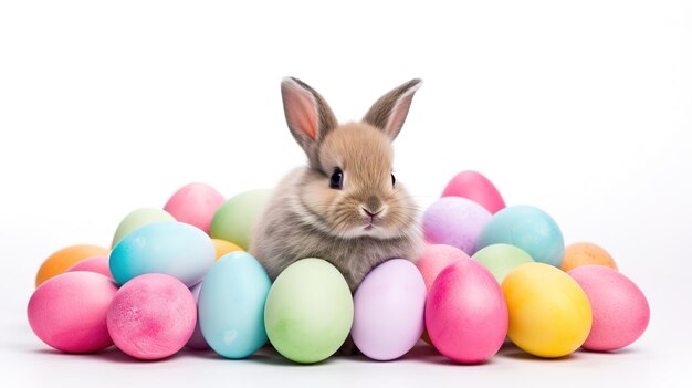 Feliz coelho de Páscoa com ovos isolados em fundo branco