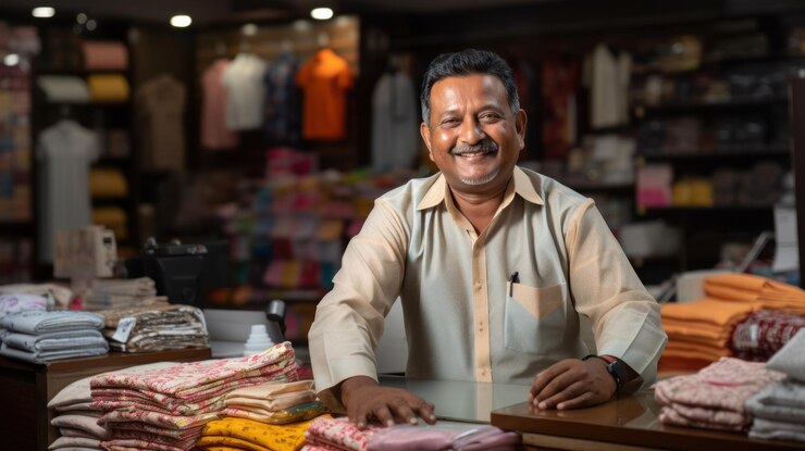 Feliz comerciante de tela indio o dueño de una tienda de ropa sentado en la tienda mirando a la cámara