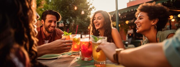 Foto feliz compañía de amigos relajándose y bebiendo cócteles