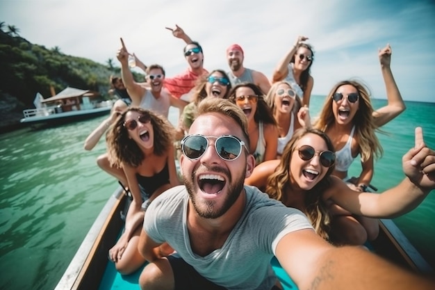 Feliz compañía de amigos en vacaciones tropicales de verano en Tailandia viajando en barco en la fiesta del mar en b