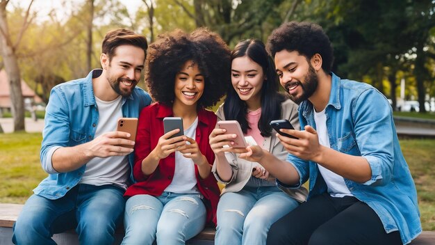 Foto feliz compañía joven de amigos sonrientes sentados en el parque usando teléfonos inteligentes hombre y mujeres divirtiéndose tog