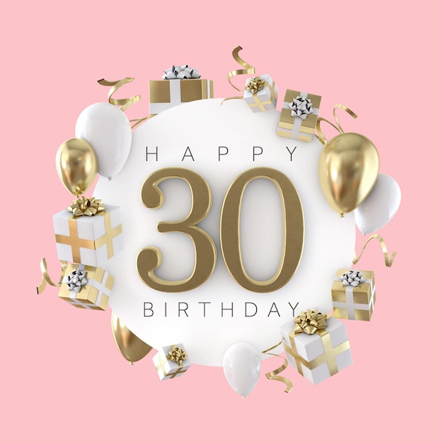 Foto feliz composição de festa de 30 anos com balões e apresenta 3d render