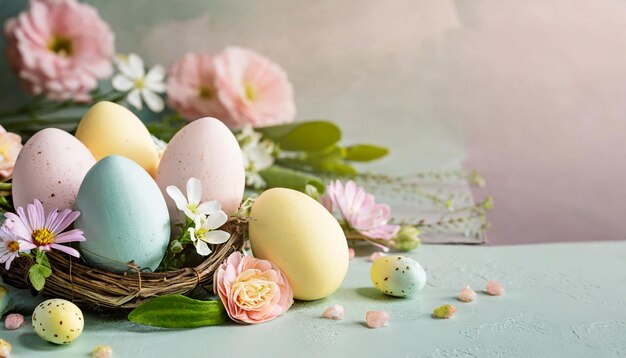 Feliz composição de Páscoa com ovos decorados vibrantes e belas flores no ninho