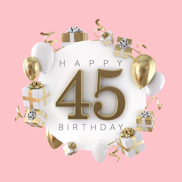 Feliz composición de fiesta de 45 cumpleaños con globos y regalos 3D Render