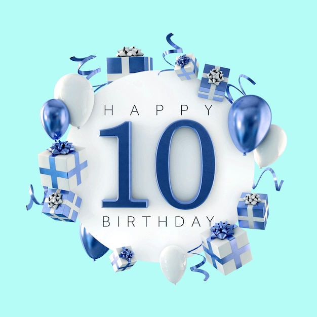 Feliz composición de fiesta de cumpleaños número 10 con globos y regalos 3D Render