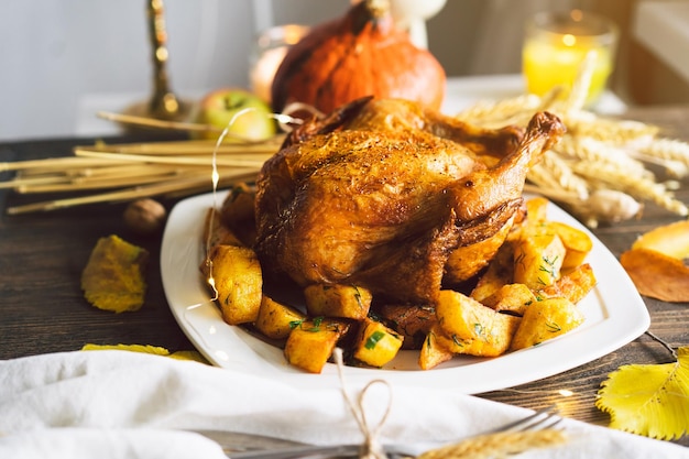 Feliz composición de otoño de Acción de Gracias con hojas de calabaza madura y pavo de Acción de Gracias en una mesa de madera oscura Vista superior