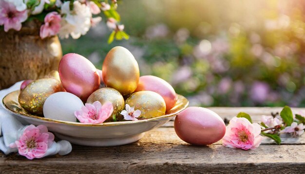 Feliz composición de Pascua colores dorados y rosados pastel huevos en plato sobre mesa de madera flores de primavera