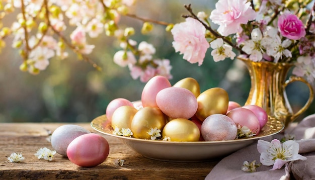 Feliz composición de Pascua colores dorados y rosados pastel huevos en plato sobre mesa de madera flores de primavera
