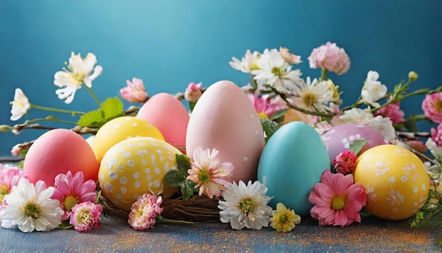 Feliz composición de Pascua huevos coloridos entre las flores de primavera sobre fondo azul