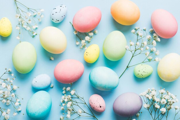 Feliz composición de Pascua Huevos de Pascua en mesa de colores con gipsófila Huevos de colores teñidos naturales Fondo vista superior con espacio de copia