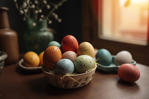 Feliz conceito de Páscoa com ovos de Páscoa no ninho e flores de primavera em fundo claro Fundo de Páscoa com espaço de cópia