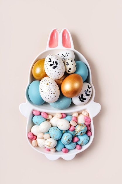 Foto feliz conceito de páscoa prato bonito em forma de coelho com ovos de páscoa e doces em fundo bege